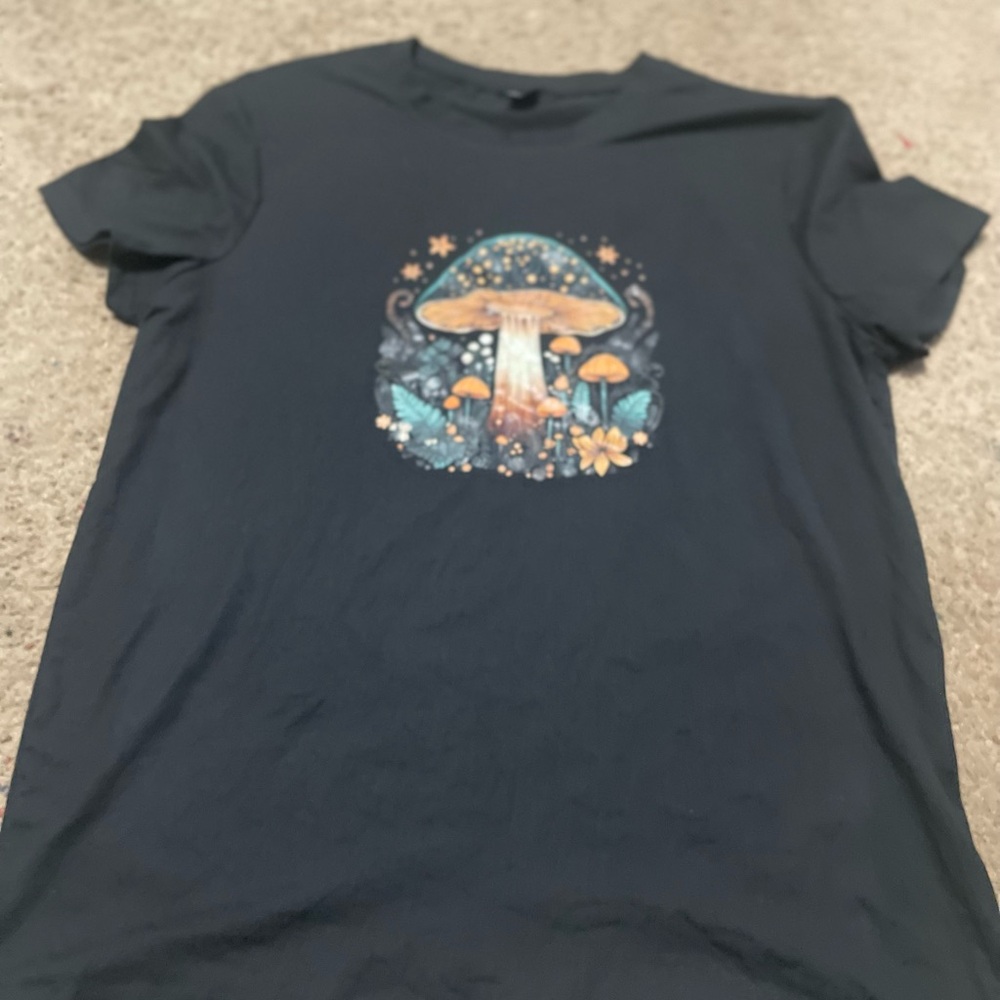 SHEIN Black Tee with Colorful Mushroom Design